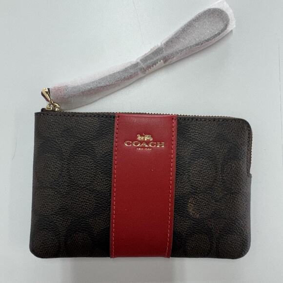Coach Corner Zip Wristlet Womens Brown Red Signature Canvas Stripe CM684 - Picture 1 of 10